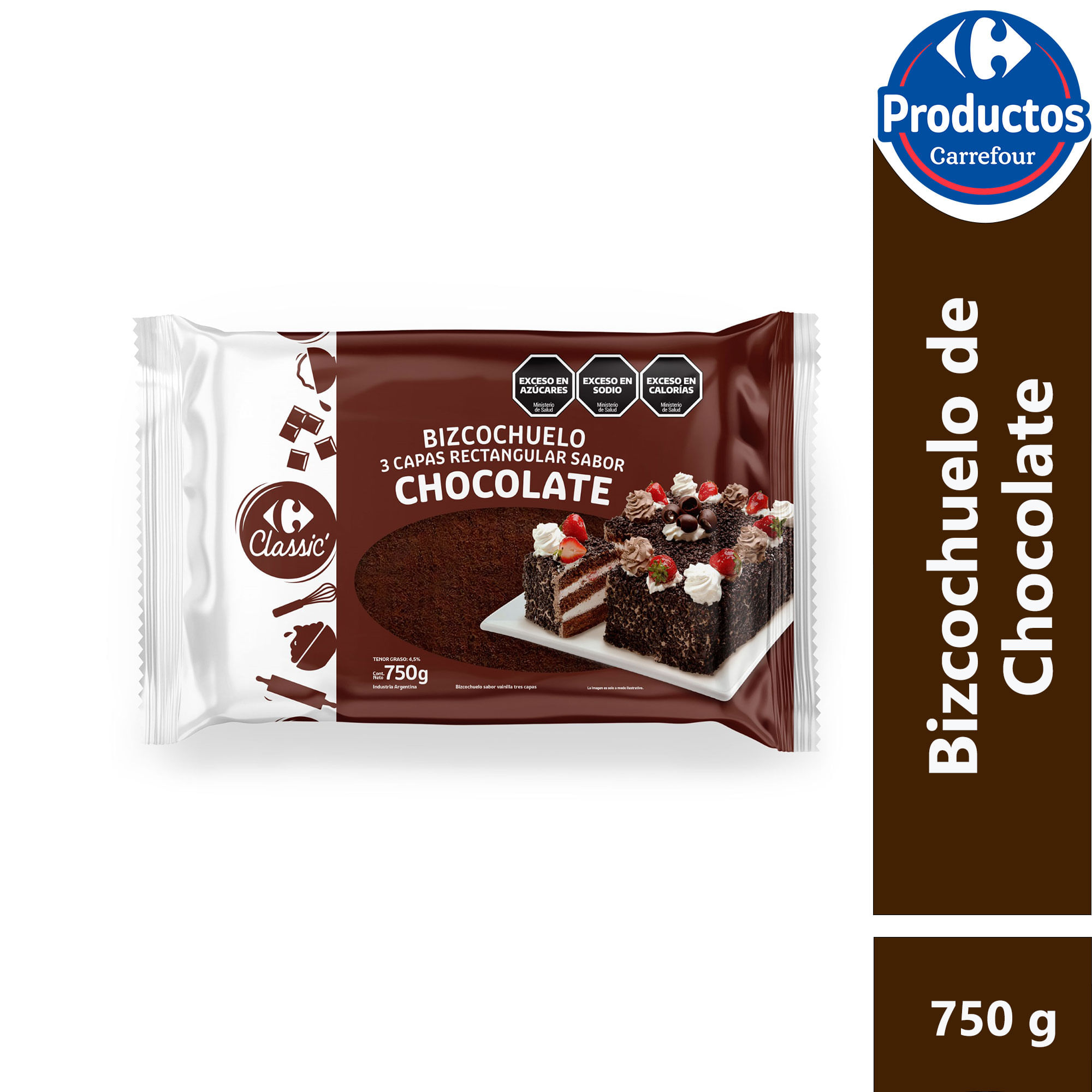 Bizcochuelo rectangular de chocolate Carrefour Classic 3 capas 750 g. - imagen del producto