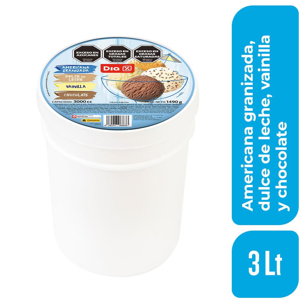 Helado DIA de Vainilla, Dulce de Leche, Chocolate y Granizado 3 Lt. - imagen del producto