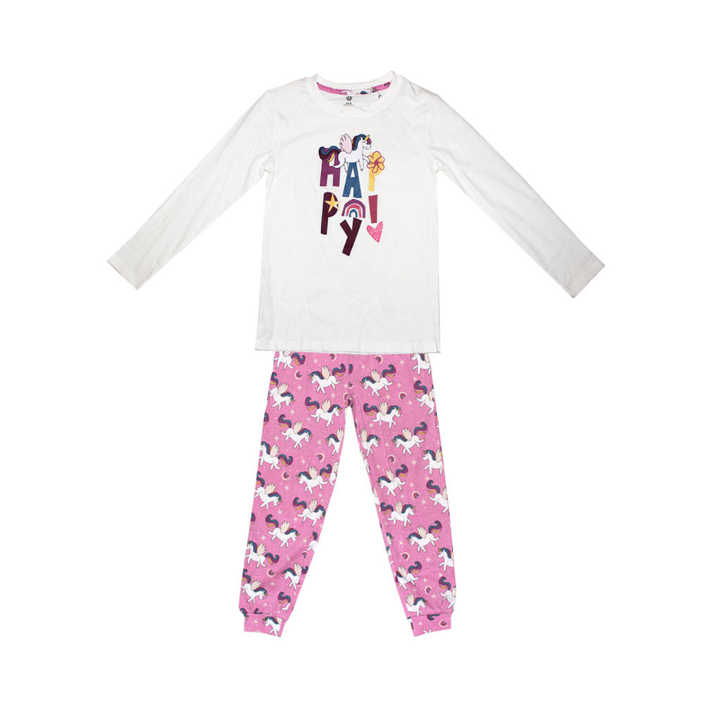 Pijama Manga Larga Niña Algodón Unicornio Blanco Talle 4 al 12 Urb - imagen del producto
