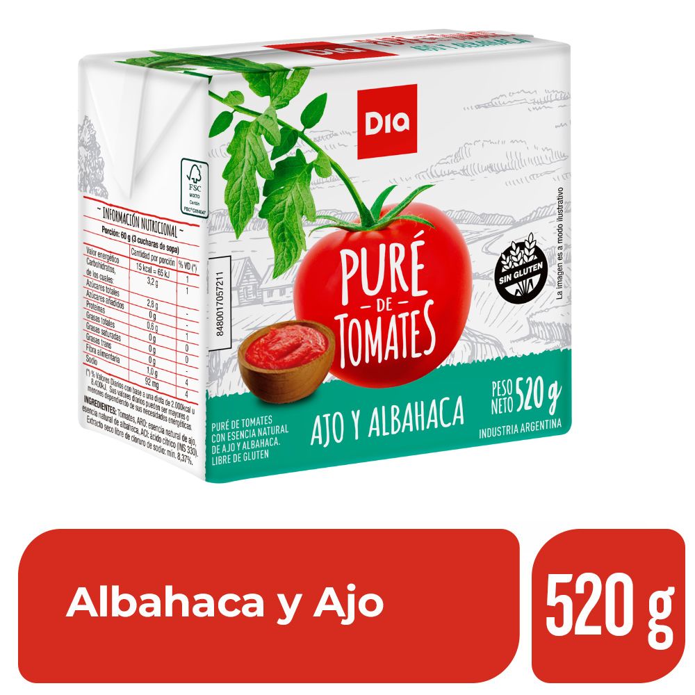 Puré de Tomate Dia Sabor Albahaca y Ajo 520 Gr. - imagen del producto