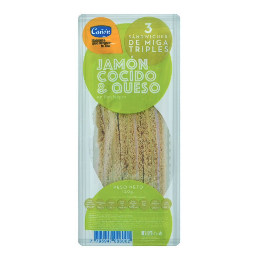 Sandwich Triple de Miga Salvado Jamón Cocido y Queso 120 Gr. - imagen del producto